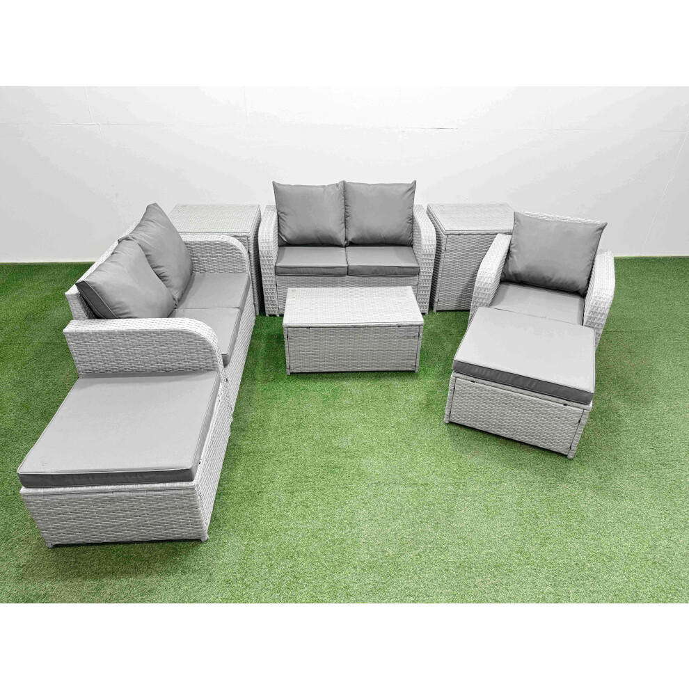 Fimous High Back Poly Rattan Garden Furniture Set with Rectangular Coffee Table Indoor Outdoor Patio  Set 2 Big Stool 2 Side Table Light Grey