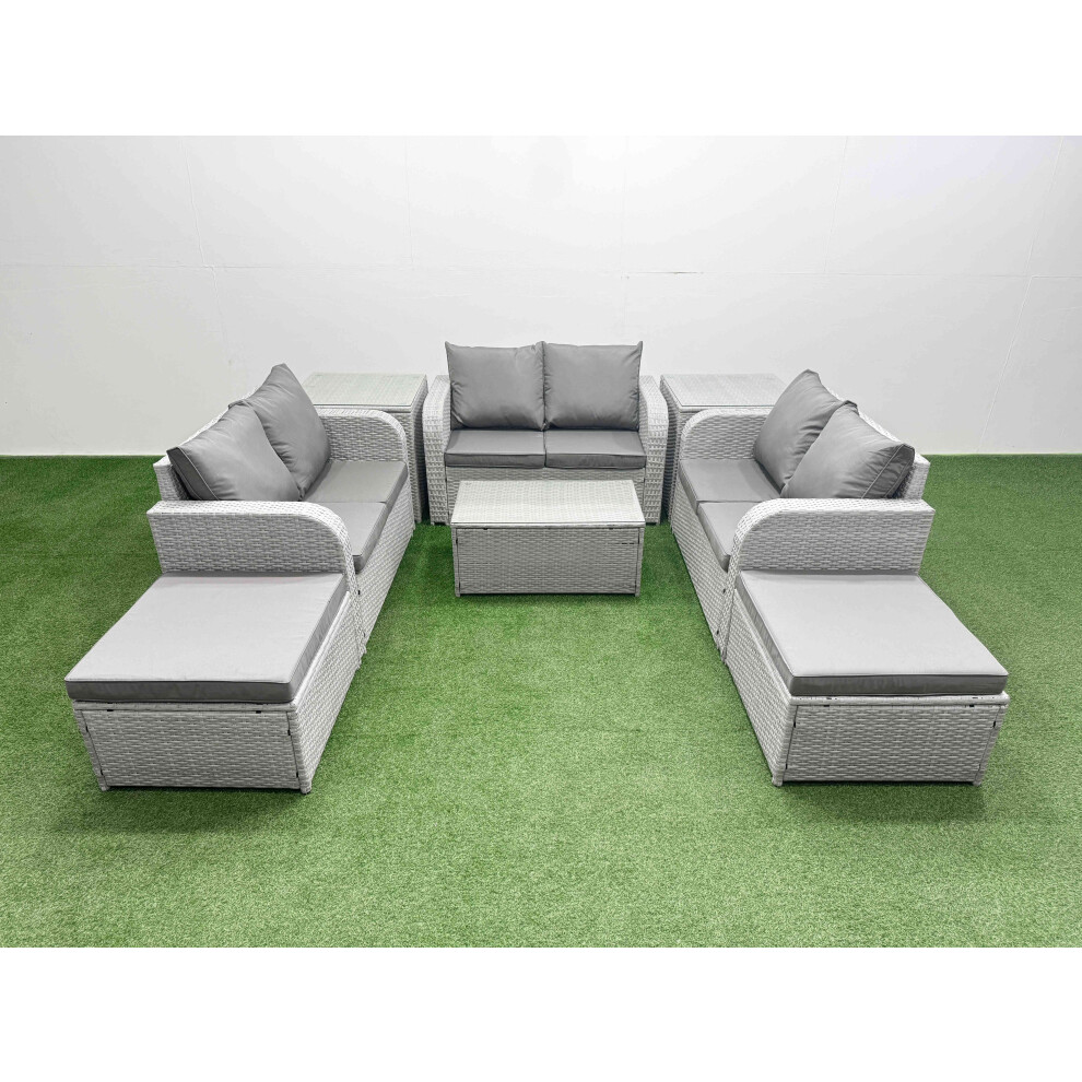 Fimous  8 Seater PE Wicker Rattan Furniture Sofa Sets with Rectangular Coffee Table 2 Seater Love Sofa 2 Big Footstool 2 Side Table Light Grey