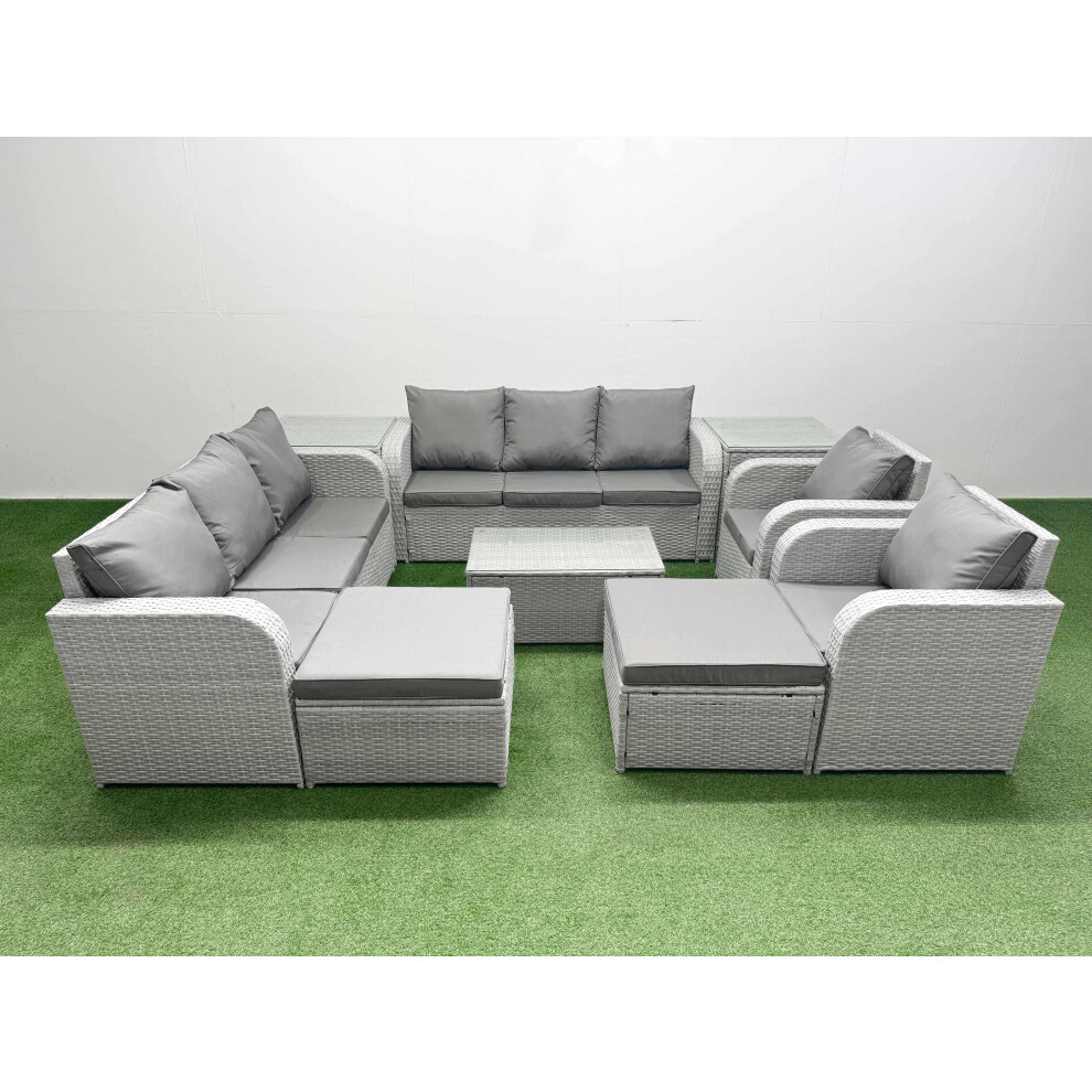 Fimous PE Rattan High Back Lounge Sofa Set Patio Coffee Table & Chairs Set with 3 Seater Sofa Reclining Chair 2 Big Footstool 2 Side Table