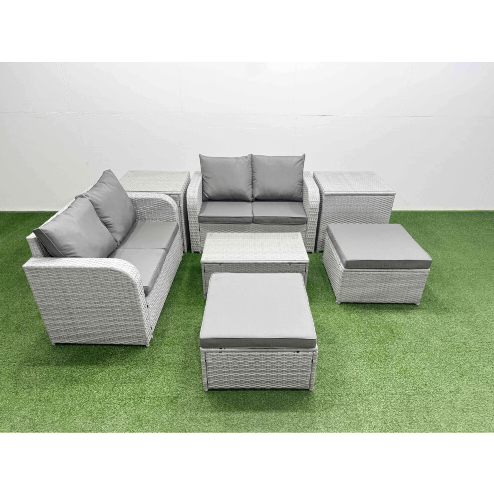 Fimous 6 Seater Outdoor Love Sofa Set Rattan Garden Furniture Set with Rectangular Coffee Table 2 Footstool 2 Side Tables Light Grey