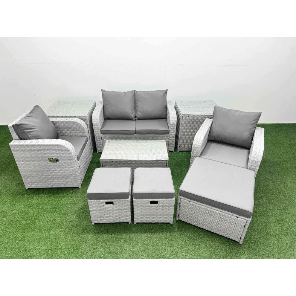 Rackhams Light/Grey 7-Seater Pe Wicker Rattan Garden Furniture Set - Reclining Adjustable Chair Sofa With Rectangular Coffee Table & 3 Small Stools - Image 2