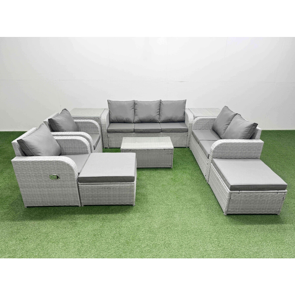 Fimous PE Rattan Garden Furniture Set Adjustable Chair Sofa Double Love Seat 2 Seater Sofa Lounge Set 2 Big Footstool 2 Side Table