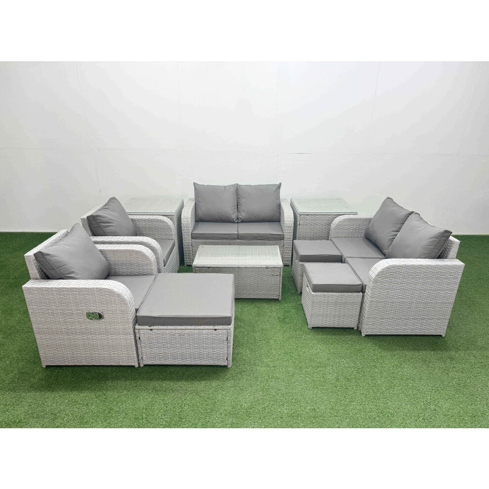 Fimous 9 Seater Outdoor Reclining Chair Love Sofa Set Rattan Garden Furniture Set with Rectangular Coffee Table 3 Stools 2 Side Table