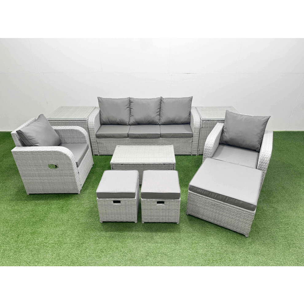 Fimous PE Rattan Garden Furniture Set Reclining Chair Sofa Lounge Sofa Set Oblong Coffee Table 2 Side Table 3 Stools Light Grey