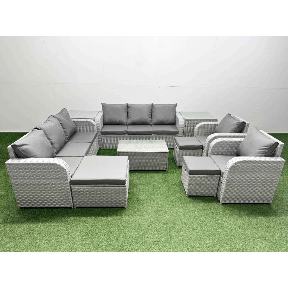 Fimous PE Rattan High Back Lounge Sofa Set Patio Coffee Table & Chairs Set with 3 Seater Sofa Reclining Chair 3 Stools 2 Side Table Light Grey