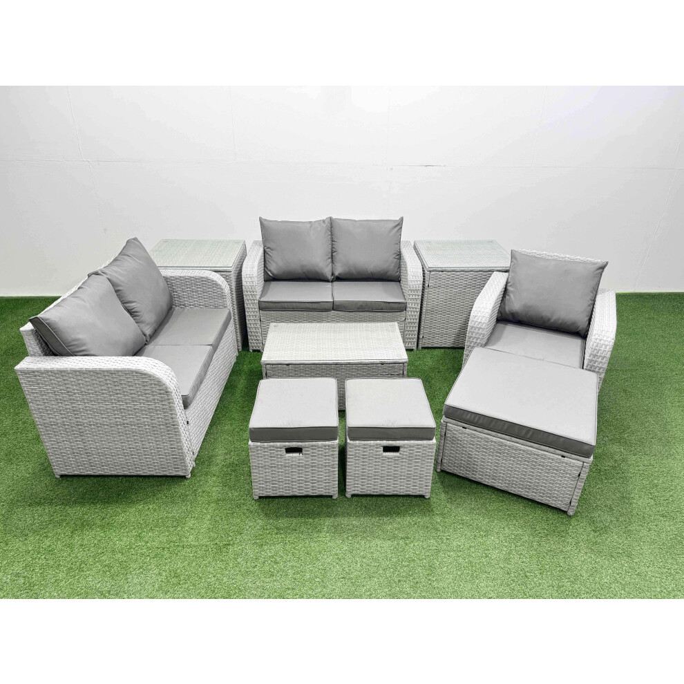 Fimous High Back Poly Rattan Garden Furniture Set with Rectangular Coffee Table Indoor Outdoor Patio  Set 3 Stools 2 Side Table Light Grey