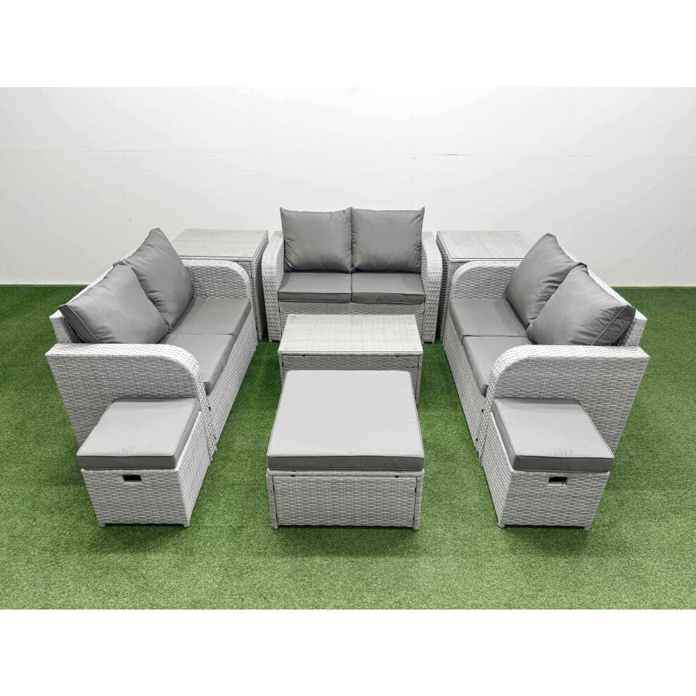 Fimous  9 Seater PE Wicker Rattan Furniture Sofa Sets with Rectangular Coffee Table 2 Seater Love Sofa 3 Stool 2 Side Table Light Grey