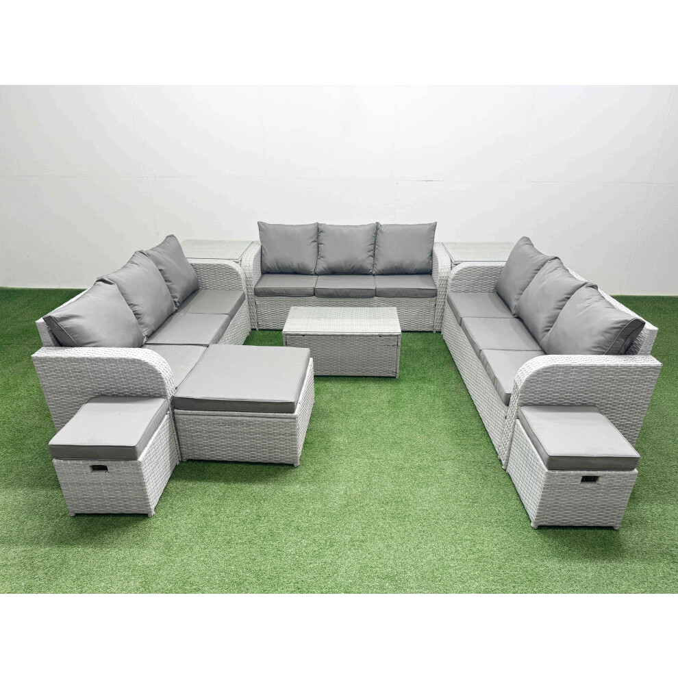 Fimous PE Rattan Lounge Sofa Set 12 Seater Outdoor Garden Furniture Set With Rectangular Coffee Table 3 Seater Sofa 3 Stools 2 Side Table