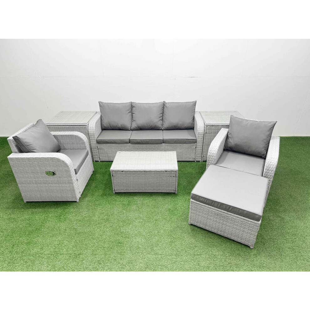 Fimous PE Rattan Garden Furniture Set Reclining Chair Sofa Lounge Sofa Set Oblong Coffee Table 2 Side Table Big Footstool Light Grey