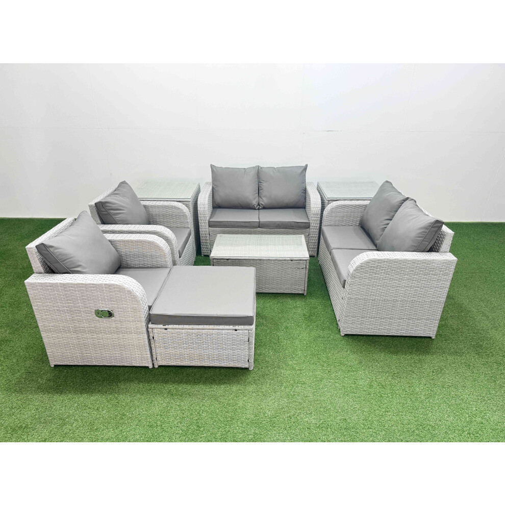 Fimous 7 Seater Outdoor Reclining Chair Love Sofa Set Rattan Garden Furniture Set with Rectangular Coffee Table Footstool 2 Side Tables