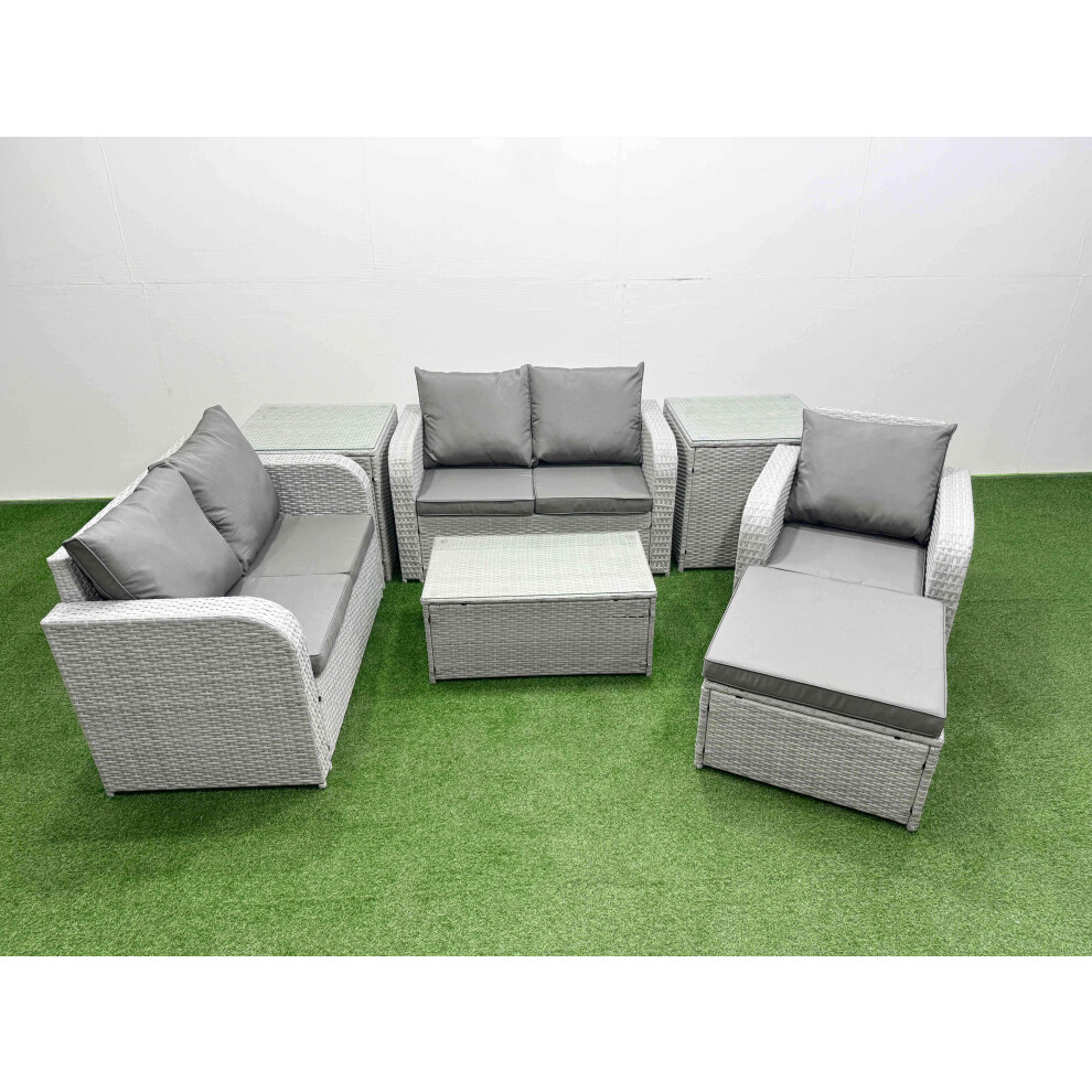 Fimous High Back Poly Rattan Garden Furniture Set with Rectangular Coffee Table Indoor Outdoor Patio  Set Big Stool 2 Side Table Light Grey