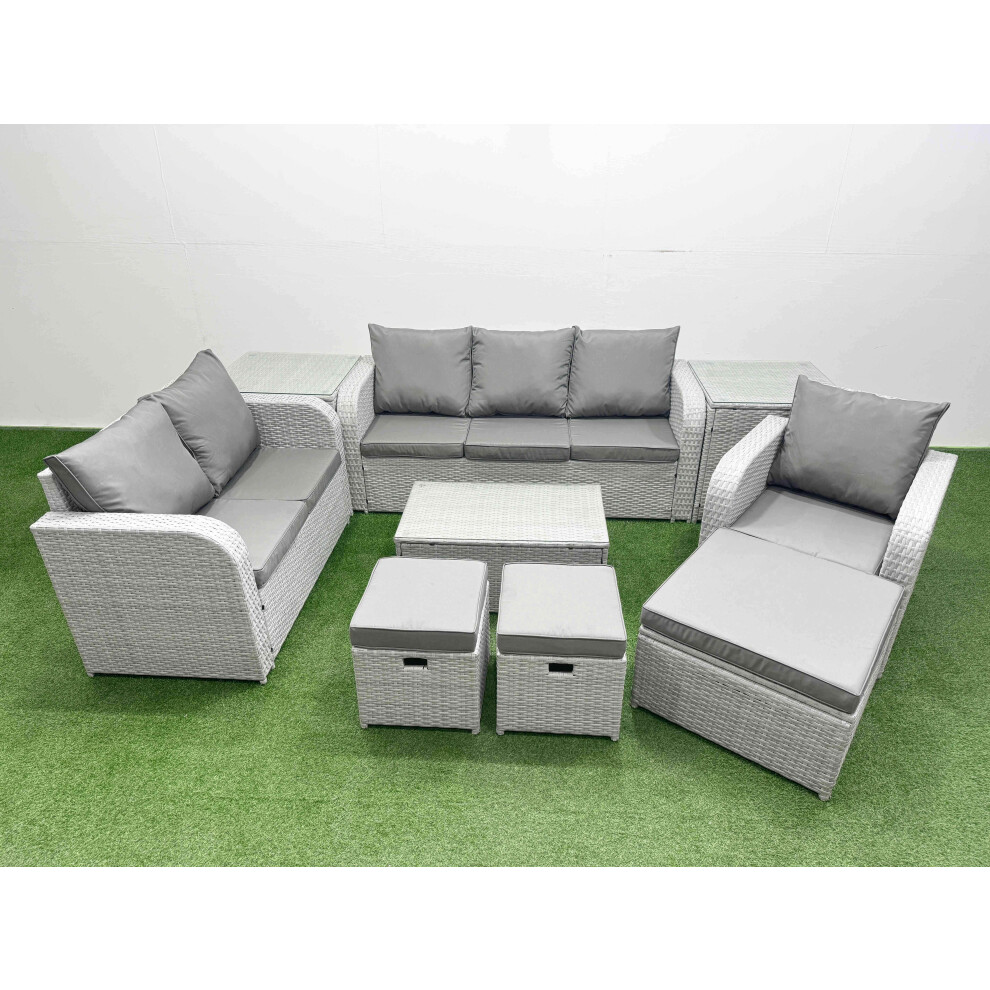 Fimous Patio PE Wicker 9 Seater Outdoor Rattan Furniture Sofa Sets with Rectangular Coffee Table 3 Seater Sofa Stool 2 Side Table Light Grey