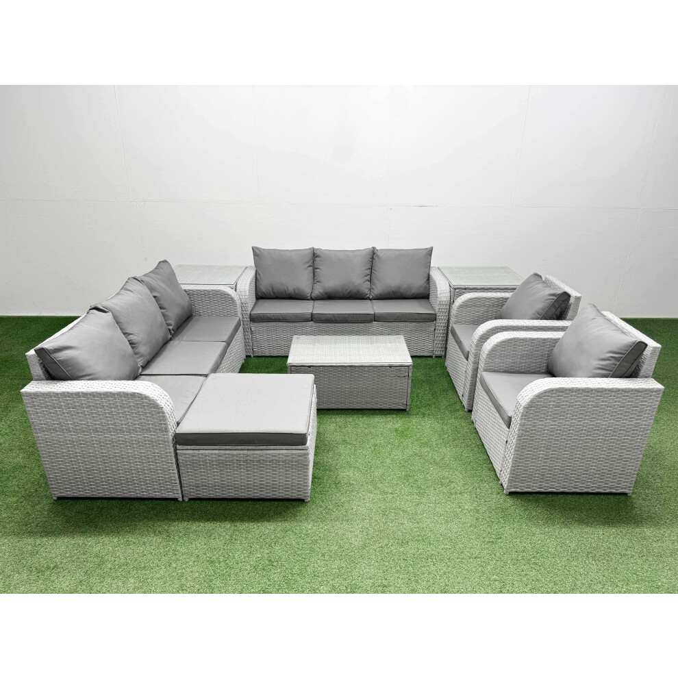 Fimous Unisex Light Grey Pe Rattan High Back Lounge Sofa Set Patio Coffee Table & Chairs Set With Seater Sofa Reclining Chair Big Footstool 2 Side Table Size 3 - Image 2