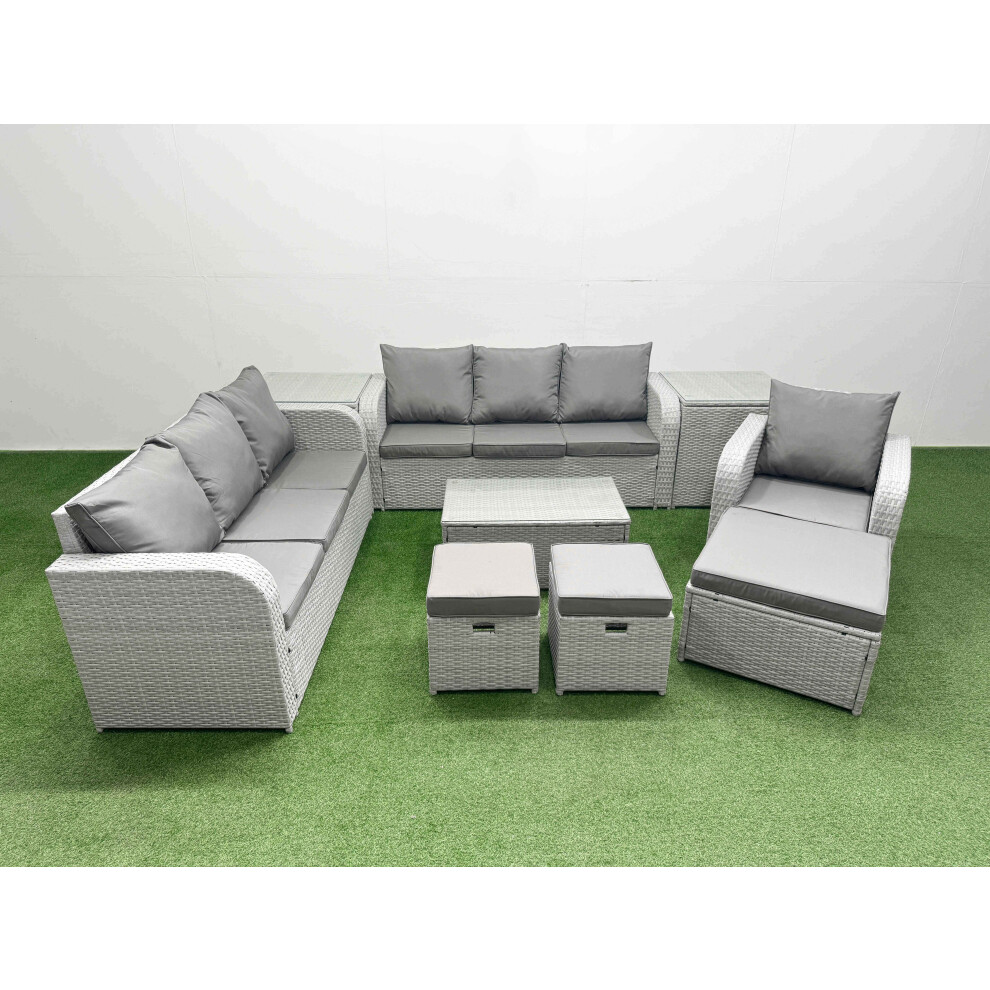 Fimous 10 Seater Poly Rattan Outdoor Garden Furniture Sofa Set Patio 3 Seater Sofa Reclining Chair 3 Seater Sofa 3 Stools 2 Side Table