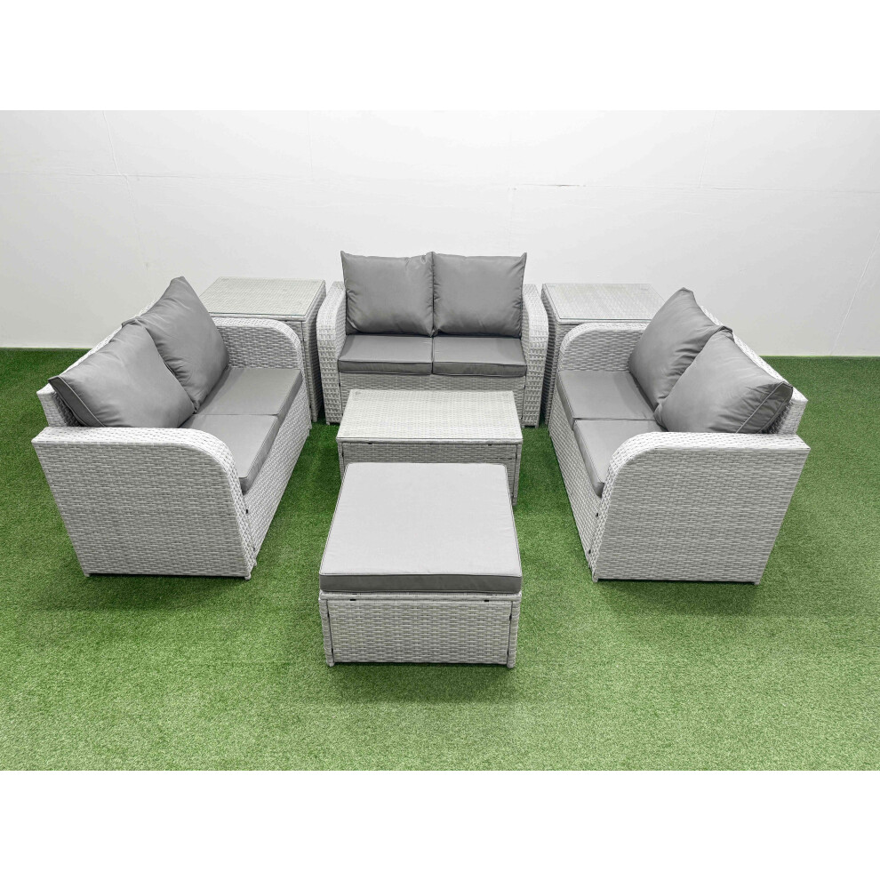 Fimous  7 Seater PE Wicker Rattan Furniture Sofa Sets with Rectangular Coffee Table 2 Seater Love Sofa Big Footstool 2 Side Table Light Grey