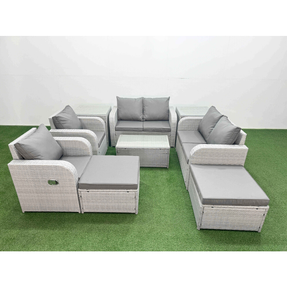 Fimous 8 Seater Outdoor Reclining Chair Love Sofa Set Rattan Garden Furniture Set with Rectangular Coffee Table 2 Big FootStools  2 Side Table