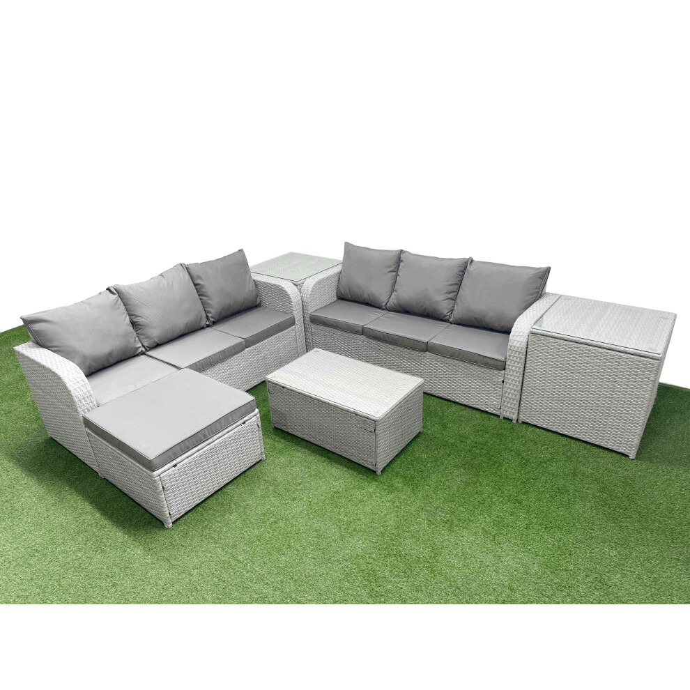 Fimous Unisex Light Grey Outdoor Garden Furniture Sets Seater Wicker Rattan Furniture Sofa Sets W/ Rectangular Coffee Table High Back Lounge Sofa Big Footstool 2 Size 7 - Image 2