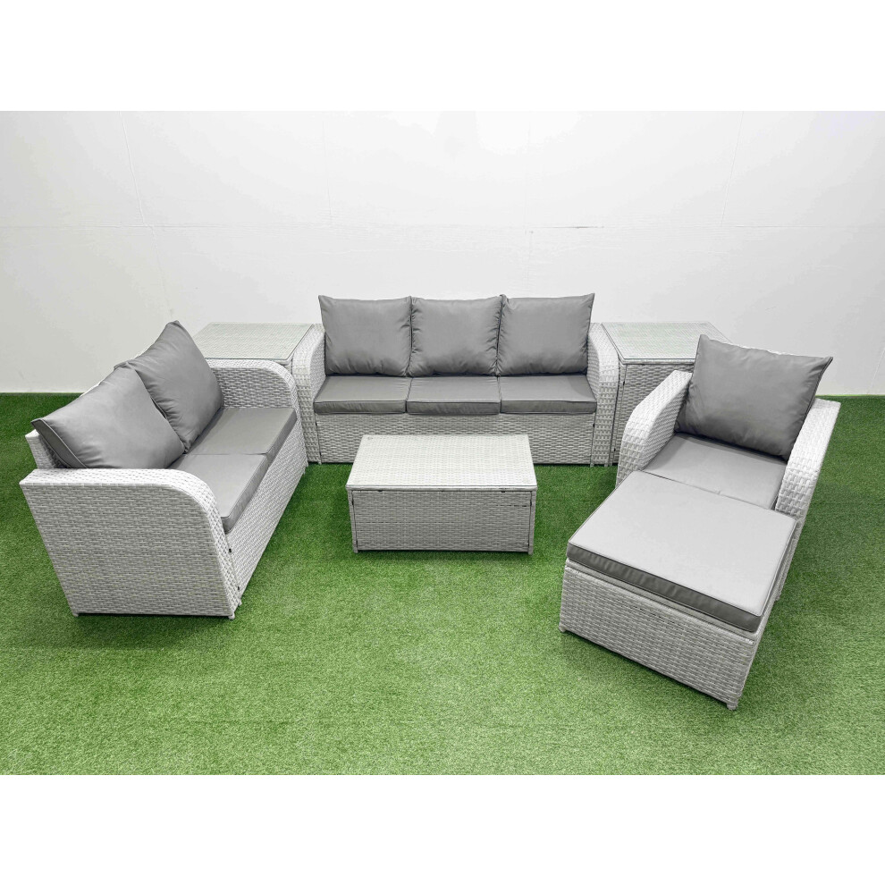 Fimous Patio PE Wicker 7 Seater Outdoor Rattan Furniture Sofa Sets with Rectangular Coffee Table 3 Seater Sofa 2 Big Footstool Side Table