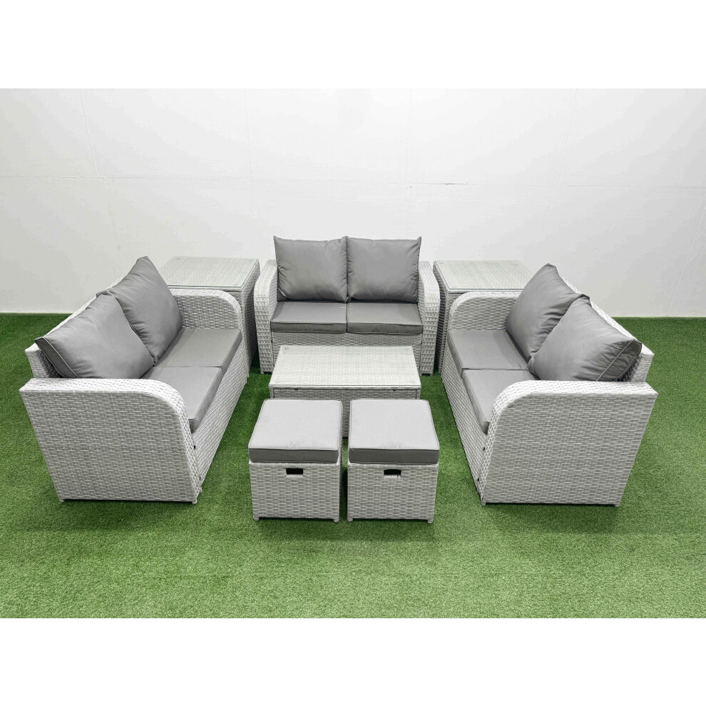 Fimous  8 Seater PE Wicker Rattan Furniture Sofa Sets with Rectangular Coffee Table 2 Seater Love Sofa 2 Stool 2 Side Table Light Grey