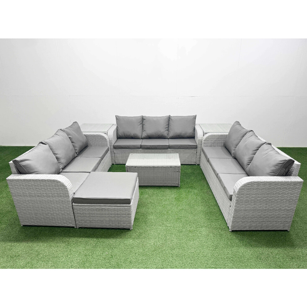 Fimous PE Rattan Lounge Sofa Set 10 Seater Outdoor Garden Furniture Set with Rectangular Coffee Table 3 Seater Sofa Big Footstool 2 Side Table