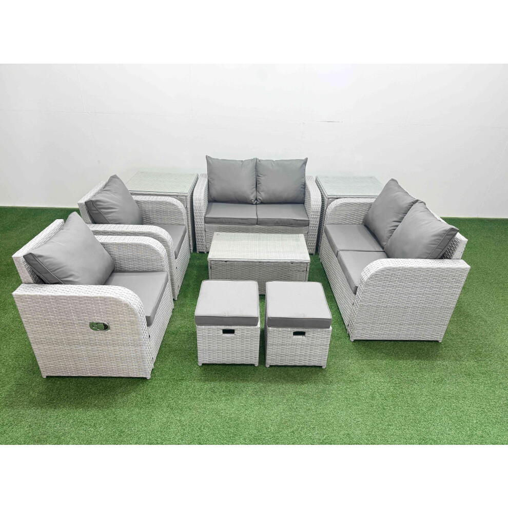 Fimous 8 Seater Outdoor Reclining Chair Love Sofa Set Rattan Garden Furniture Set with Rectangular Coffee Table 2 Stools 2 Side Table