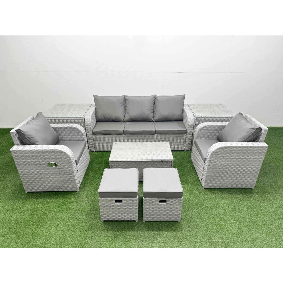 Fimous PE Rattan Garden Furniture Set Reclining Chair Sofa Lounge Sofa Set Oblong Coffee Table 2 Side Table 2 Small Stools Light Grey