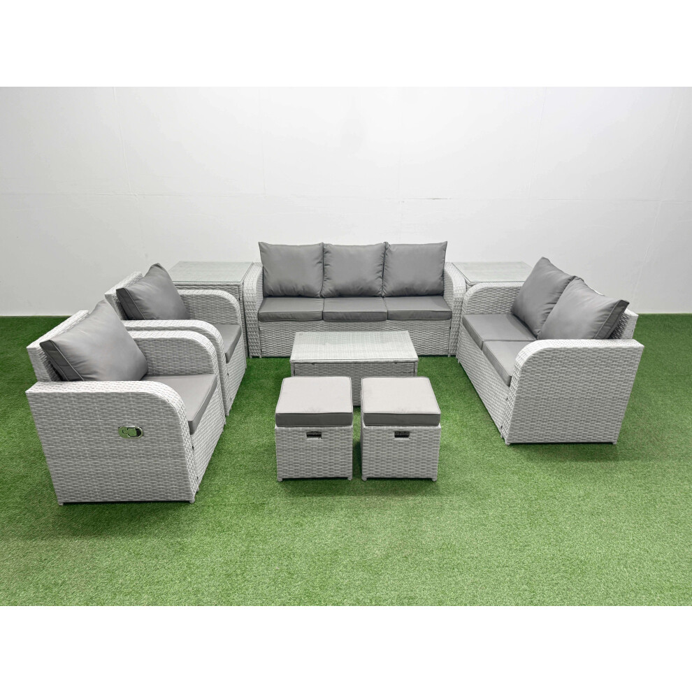 Fimous Light/Grey Pe Rattan Outdoor Lounge Set - Adjustable Chair, Double Loveseat, Oblong Coffee Table, 2 Stools & 2 Side Tables - Image 2