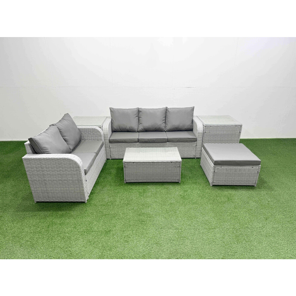 Fimous 6 Seater PE Rattan Wicker Garden Furniture Patio Conservatory Sofa Set with 3 Seater Sofa Love Sofa Big Footstool 2 Side Table