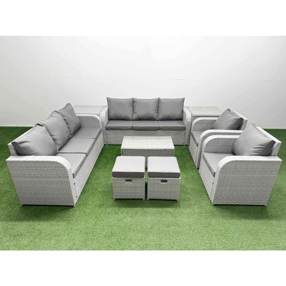 Fimous Unisex Light Grey Pe Rattan High Back Lounge Sofa Set Patio Coffee Table & Chairs Set With Seater Sofa Reclining Chair Stools 2 Side Table Size 3 - Image 2