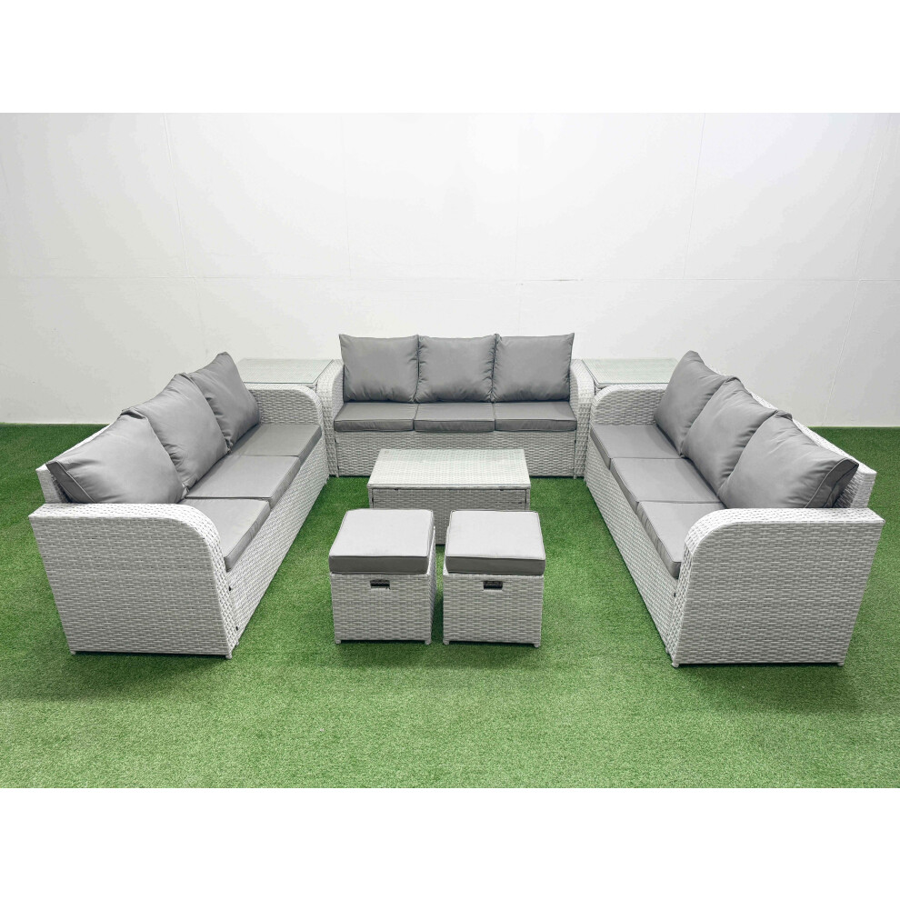 Fimous PE Rattan Lounge Sofa Set 11 Seater Outdoor Garden Furniture Set With Rectangular Coffee Table 3 Seater Sofa 2 Stools 2 Side Table