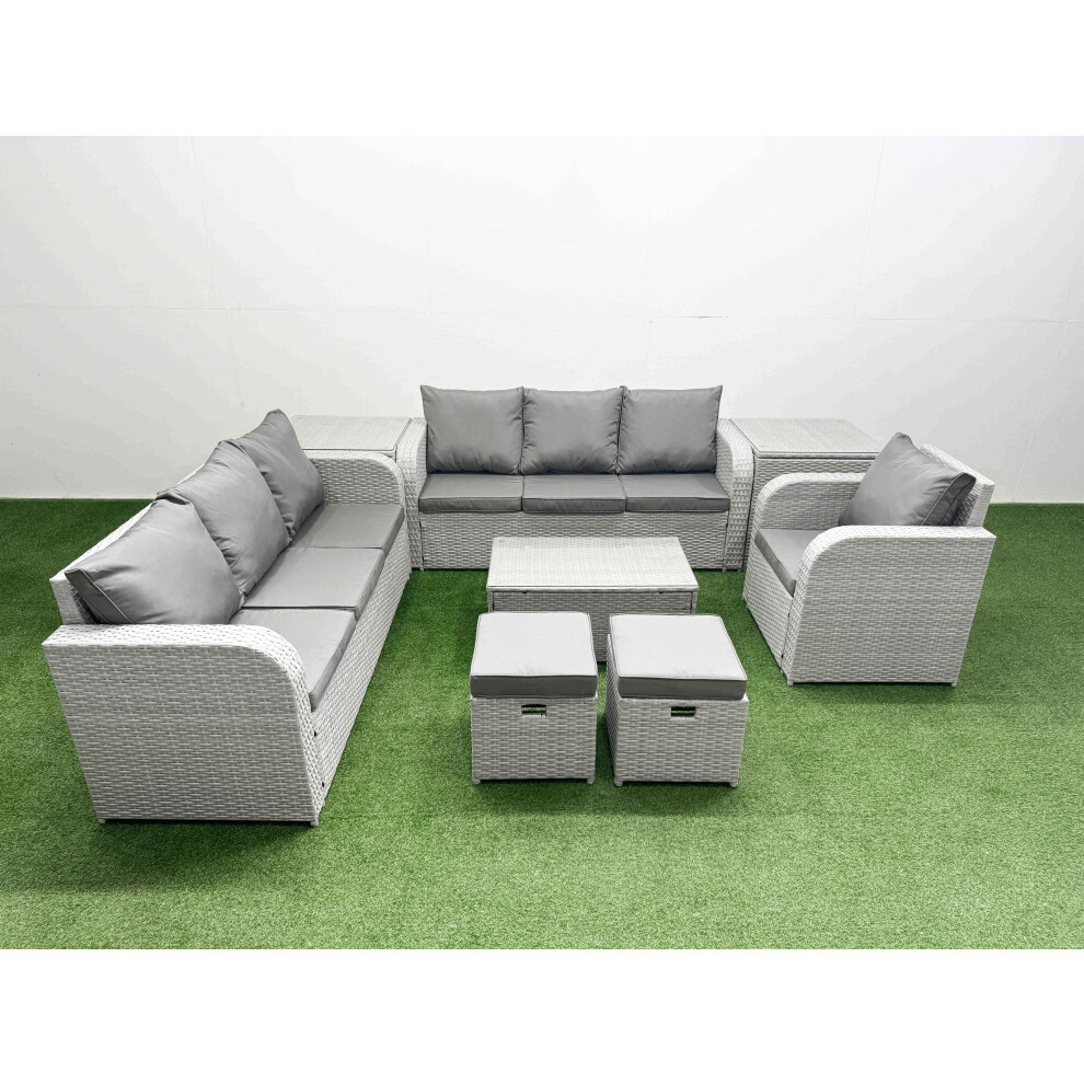 Fimous 9 Seater Poly Rattan Outdoor Garden Furniture Sofa Set Patio 3 Seater Sofa Reclining Chair 3 Seater Sofa Stools 2 Side Table Light Grey