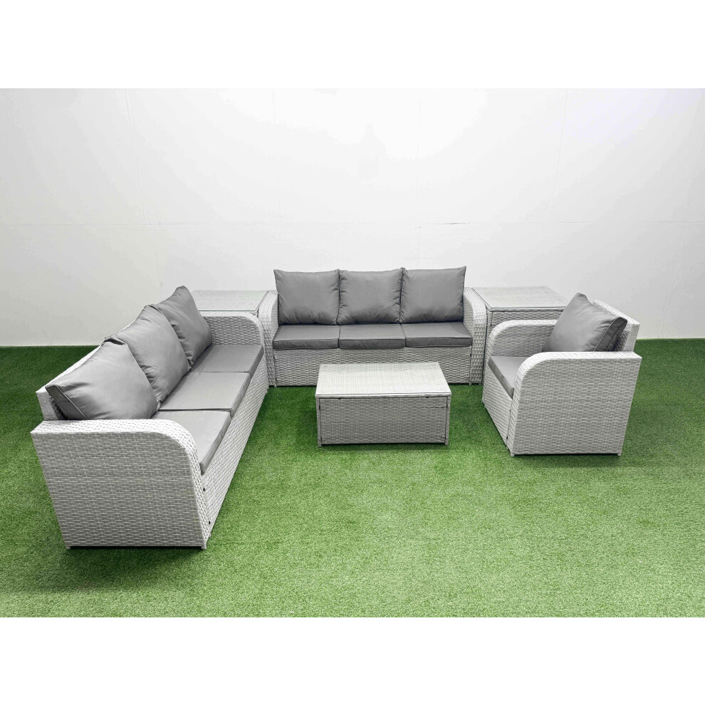 Fimous 7 Seater Poly Rattan Outdoor Garden Furniture Sofa Set Patio 3 Seater Sofa Reclining Chair 3 Seater Sofa 2 Side Table Light Grey