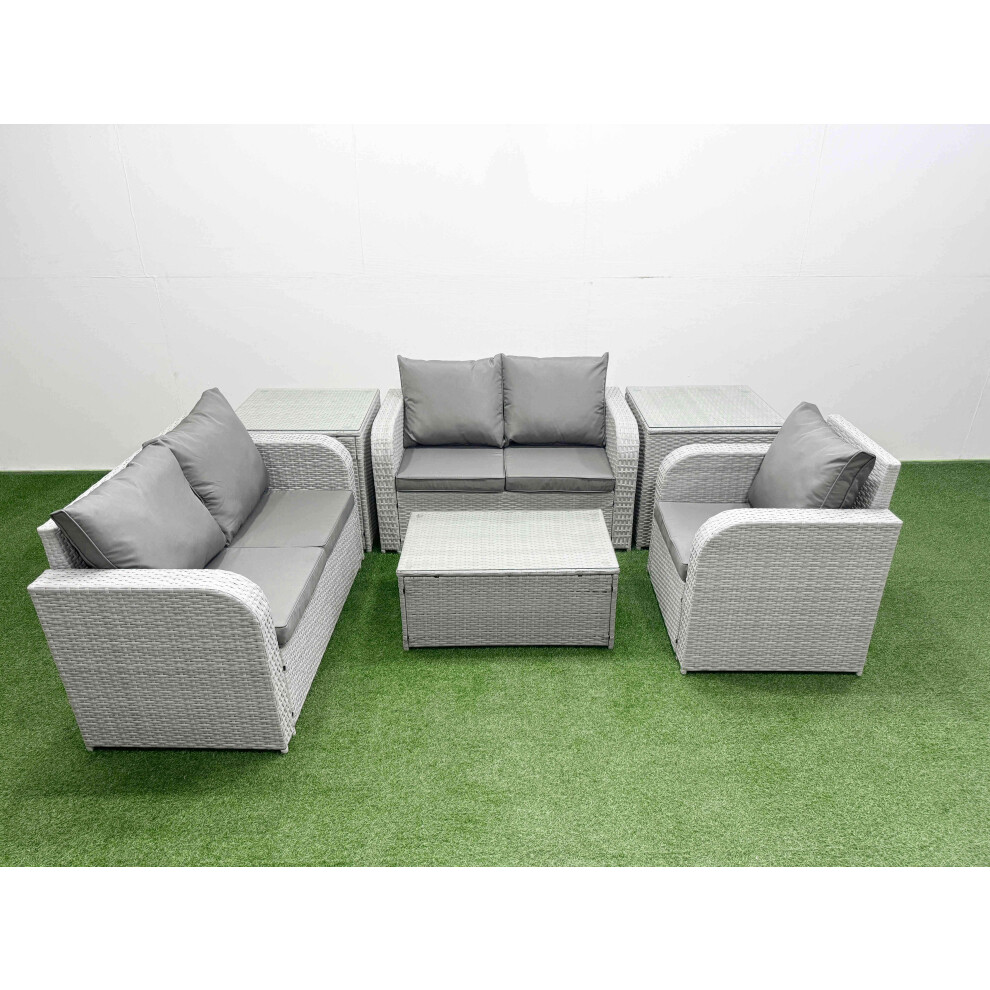 Fimous High Back Poly Rattan Garden Furniture Set with Rectangular Coffee Table Indoor Outdoor Patio  Set 2 Side Table Light Grey