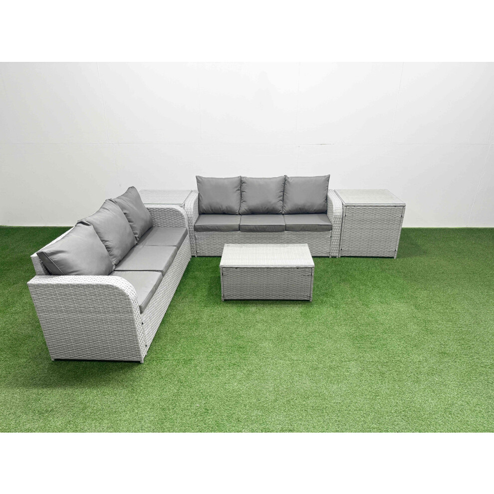 Fimous Unisex Light Grey Outdoor Garden Furniture Sets Seater Wicker Rattan Furniture Sofa Sets W/ Rectangular Coffee Table High Back Lounge Sofa 2 Side Table Light Size 6 - Image 2
