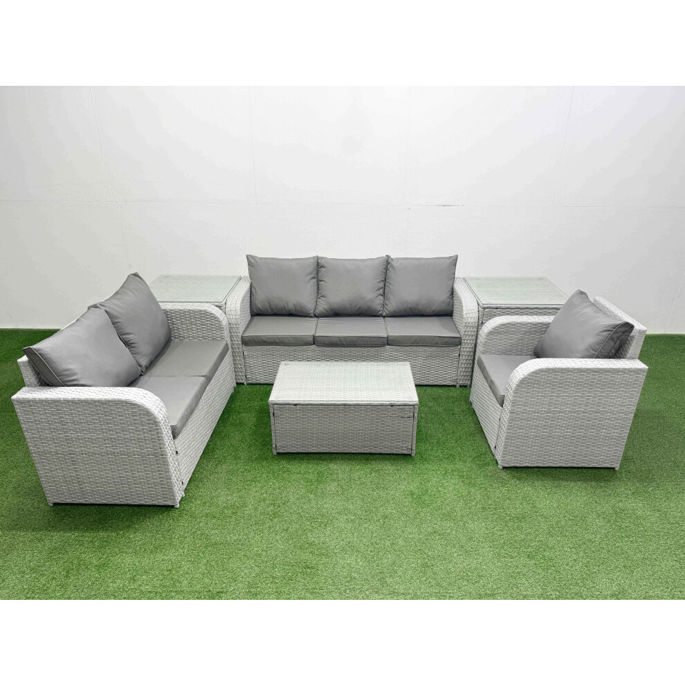 Fimous Patio PE Wicker 6 Seater Outdoor Rattan Furniture Sofa Sets with Rectangular Coffee Table 3 Seater Sofa 2 Side Table