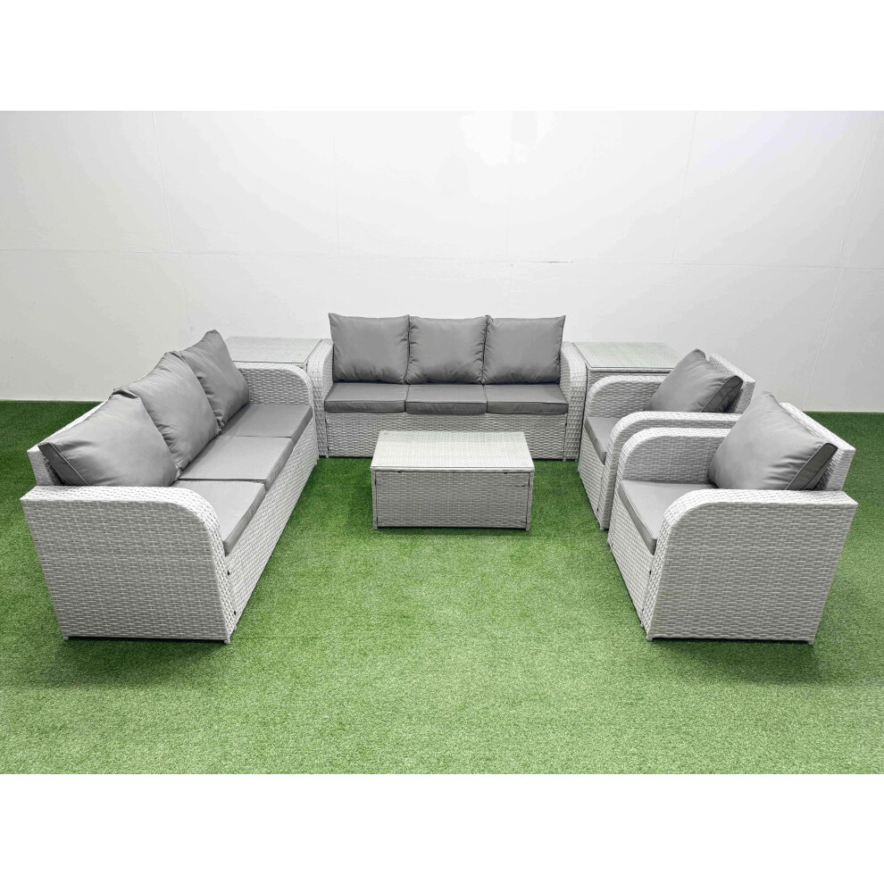 Fimous PE Rattan High Back Lounge Sofa Set Patio Coffee Table & Chairs Set with 3 Seater Sofa Reclining Chair 2 Side Table Light Grey