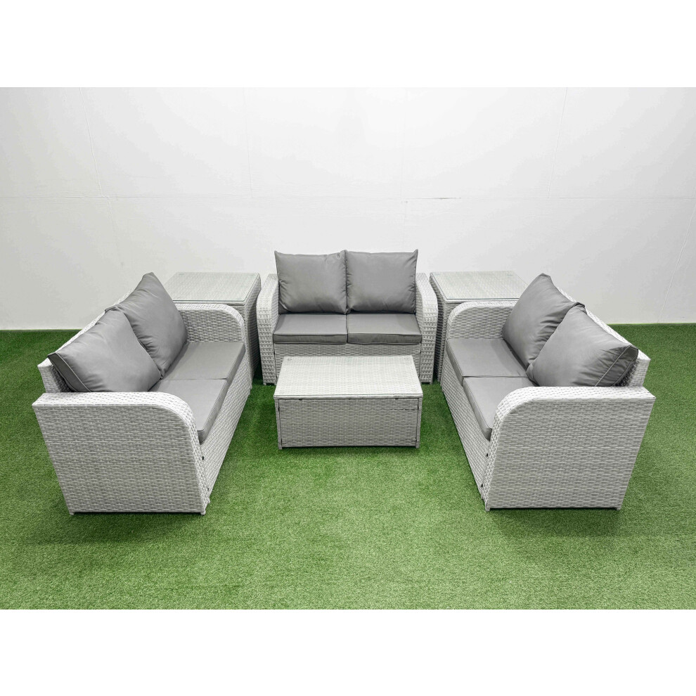 Fimous  6 Seater PE Wicker Rattan Furniture Sofa Sets with Rectangular Coffee Table 2 Seater Love Sofa 2 Side Table Light Grey