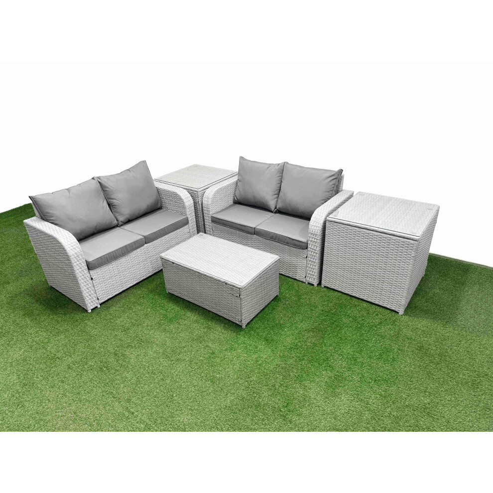 Fimous 4 Seater Outdoor Love Sofa Set Rattan Garden Furniture Set with Rectangular Coffee Table 2 Side Tables Light Grey