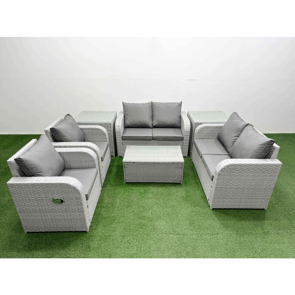 Fimous 6 Seater Outdoor Reclining Chair Love Sofa Set Rattan Garden Furniture Set with Rectangular Coffee Table 2 Side Tables Light Grey