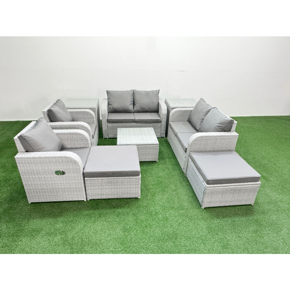 Fimous 8 Seater Outdoor Reclining Chair Love Sofa Set Rattan Garden Furniture Set with Square Coffee Table 2 Big FootStools  2 Side Table