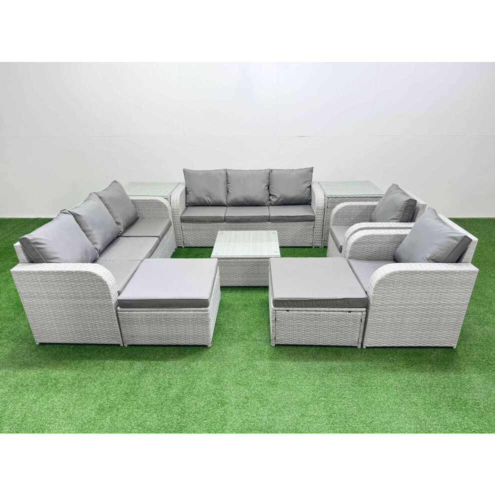 Fimous PE Rattan High Back Lounge Sofa Set Patio Square Coffee Table & Chairs Set with Reclining Chair 2 Big Footstool 2 Side Table