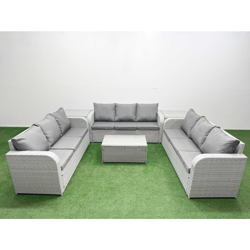 Fimous PE Rattan Lounge Sofa Set 9 Seater Outdoor Garden Furniture Set with Rectangular Coffee Table 3 Seater Sofa 2 Side Table Light Grey