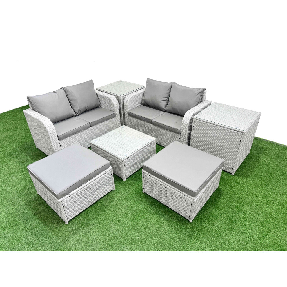 Fimous 6 Seater Outdoor Love Sofa Set Rattan Garden Furniture Set with Square Coffee Table 2 Footstool 2 Side Tables Light Grey