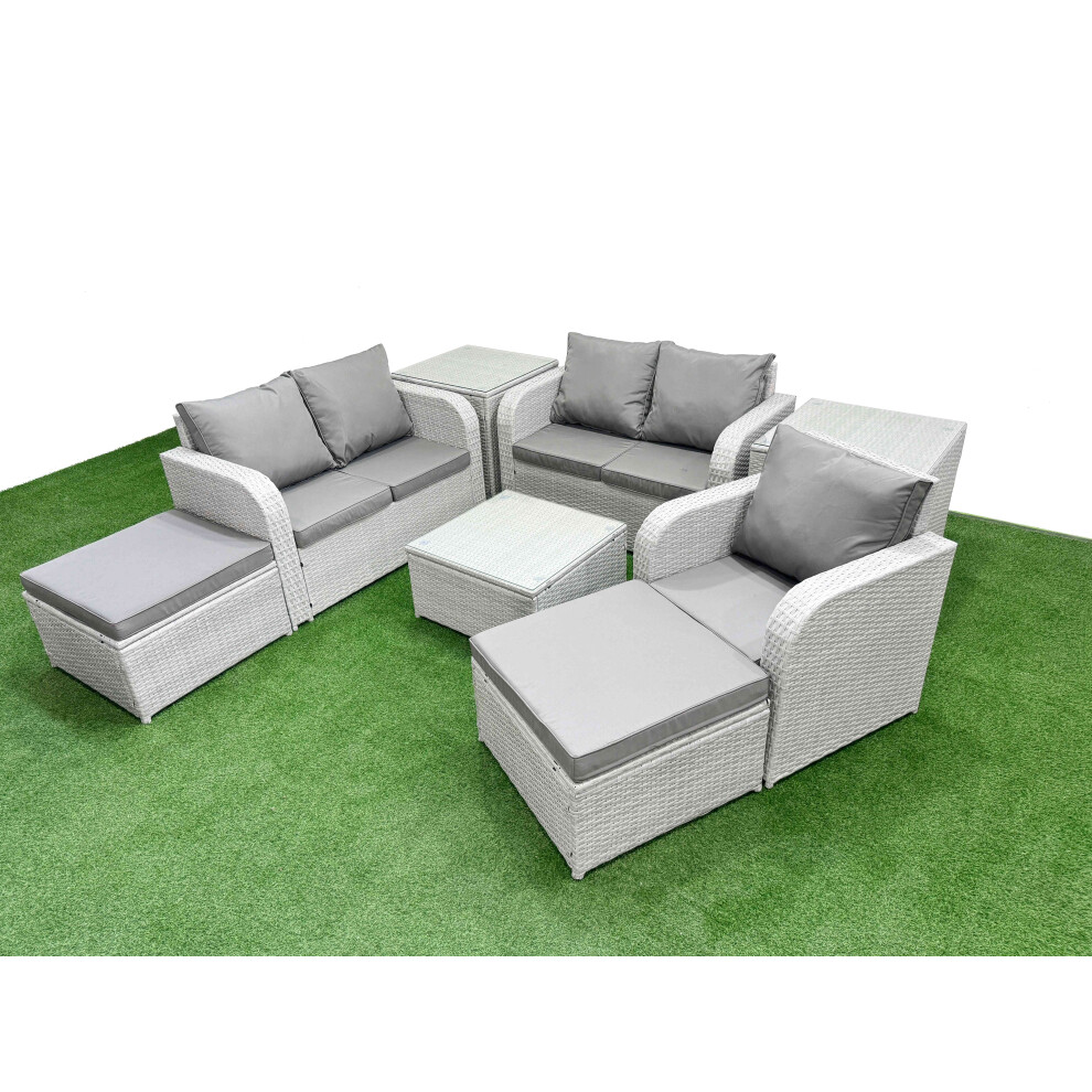 Fimous Unisex Light Grey High Back Poly Rattan Garden Furniture Set W/ Reclining Chair Loveseat Sofa Square Coffee Table Indoor Outdoor Patio Set Big Stool Side Size 2 - Image 2