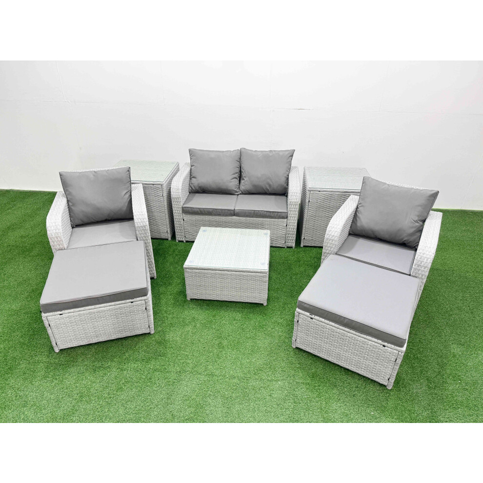 Fimous Unisex Light Grey Pe Wicker Rattan Garden Furniture Set Sofa Set Reclining Adjustable Chair Square Coffee Table Seater 2 Big Stools 2 Side Table Size 6 - Image 2