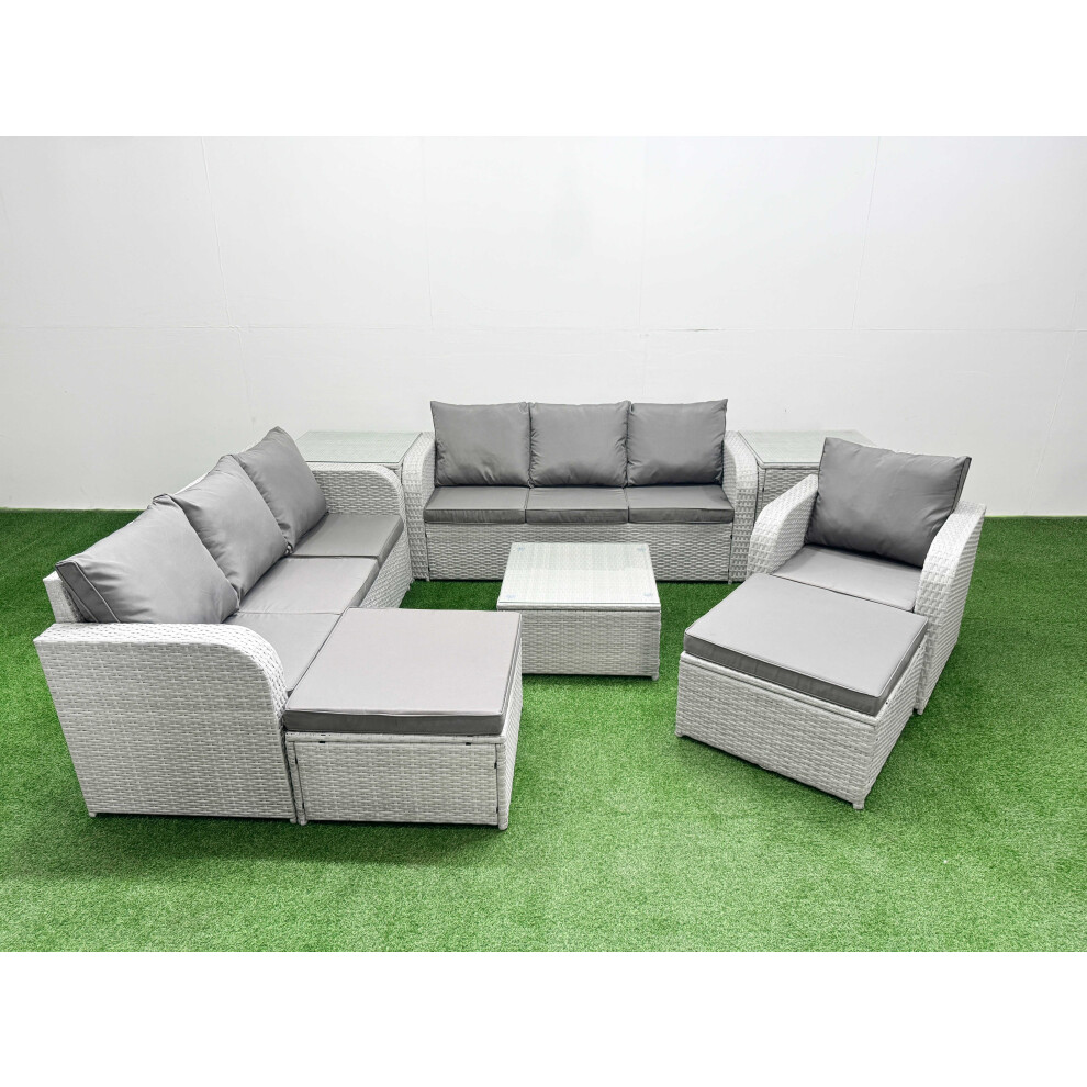 Fimous Light/Grey/Dark 9 Seater Outdoor Rattan Set, Poly Rattan, Square Coffee Table, 3 Seater Sofas, Reclining Chair, 2 Big Footstools & 2 Side Tables - Image 2
