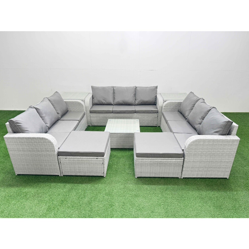 Fimous PE Rattan Lounge Sofa Set 11 Seater Outdoor Garden Furniture Set with Square Coffee Table 2 Big Footstools 2 Side Table Light Grey