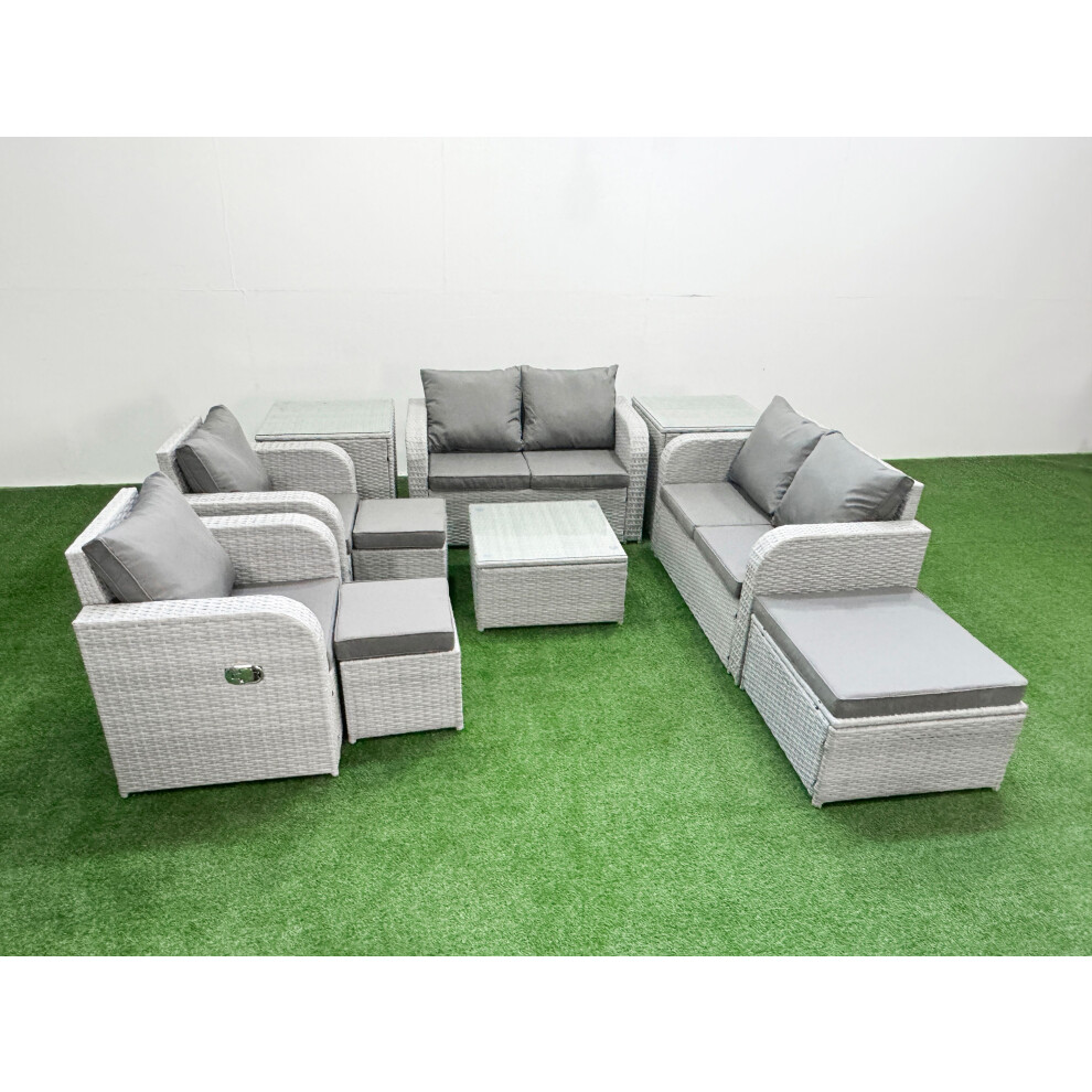 Fimous Light/Grey 9 Seater Outdoor Reclining Chair Love Sofa Set Rattan Garden Furniture Set With Square Coffee Table 3 Stools 2 Side Table - Image 2
