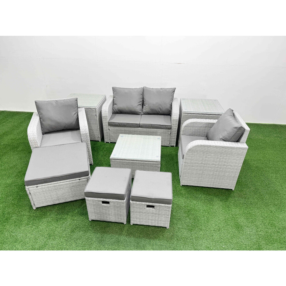 Fimous Light Grey PE Wicker Rattan Garden Furniture Set Sofa Set Reclining Adjustable Chair 7 Seater 3  Stools 3 Side Table