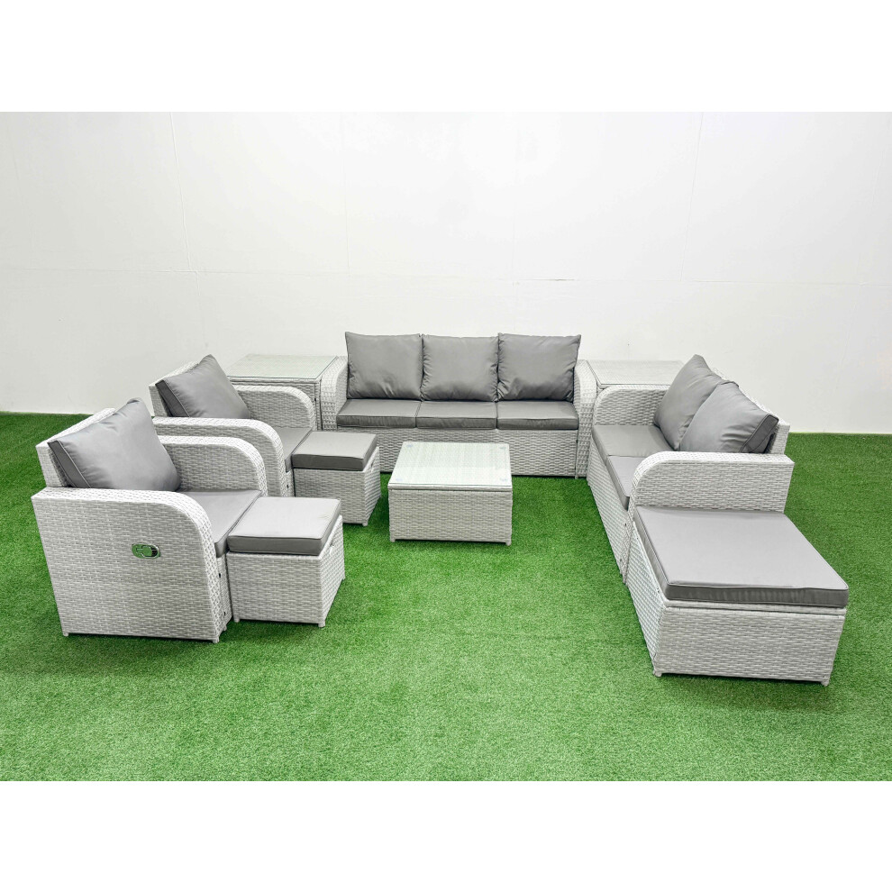 Fimous PE Rattan Garden Furniture Set Adjustable Chair Sofa Double Love Seat 2 Seater Sofa Lounge Set 3 Stools 2 Side Table Light Grey